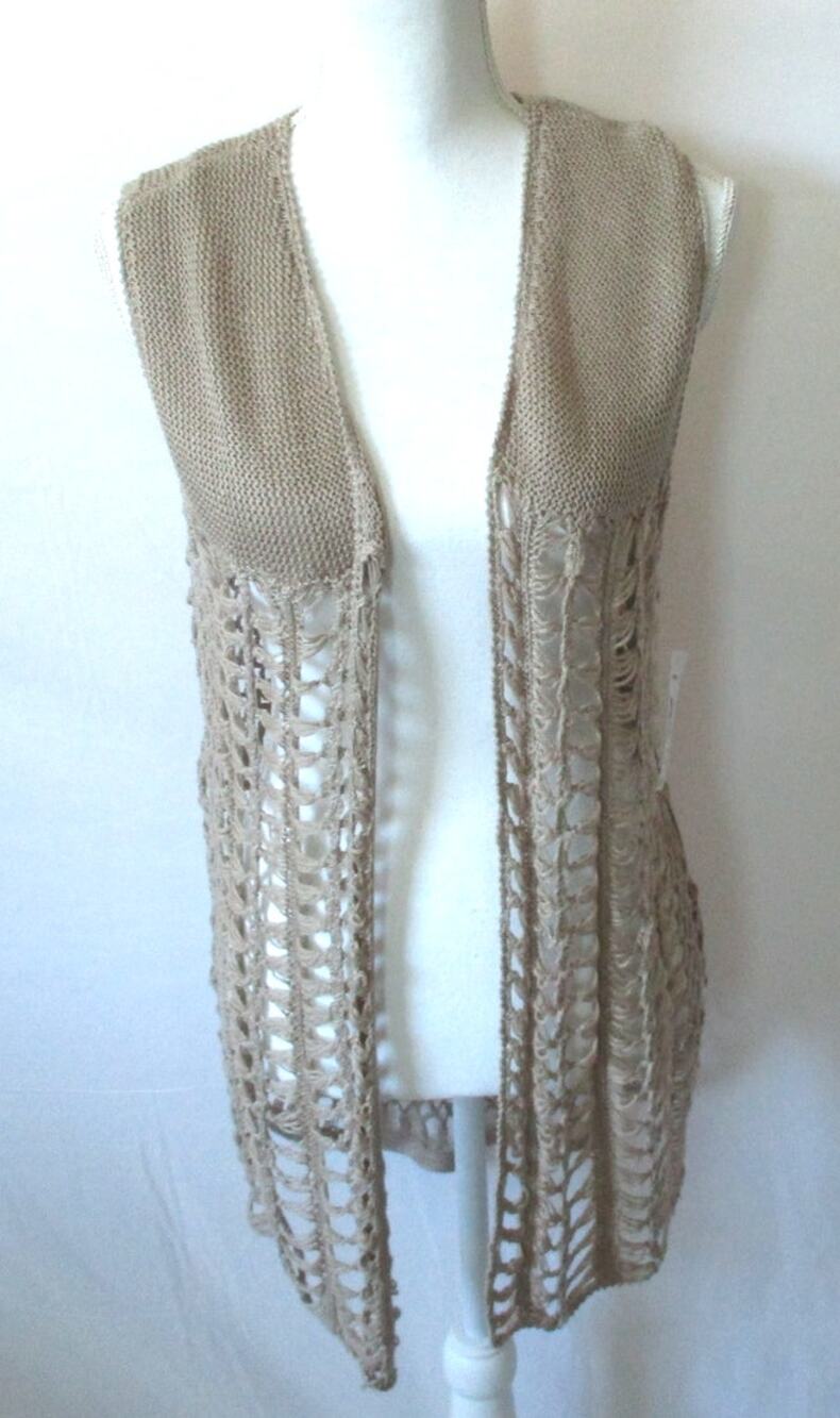 Indigo Women's Sleeveless Tan Crochet Open Front Cardigan Sweater NWT Size Lg.